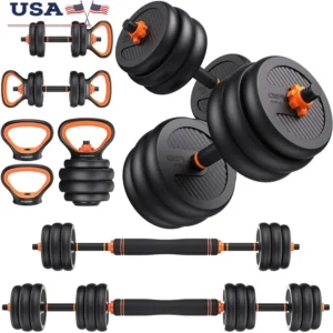 Adjustable Dumbbells Weight Set 5 in 1 Free Weights Barbell Kettlebells Push Up Stand Fitness Equipment 20 30 40 45 70 90lbs