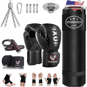 Heavy Punching Bag with 12oz Gloves Fitness Kit Boxing MMA Kickboxing Training Durable Shock Absorption Material Includes Wraps