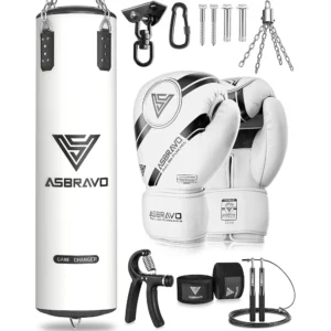4ft PU Heavy Punching Bag Set with 12oz Gloves Handwraps Skipping Rope Grip Strengthener MMA Boxing Kickboxing Training Home Gym