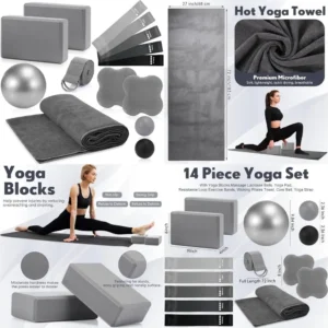 14 Pcs Yoga Kits for Home Workouts Pilates Equipment Set for Women Beginners Include Hot Yoga Towel Blocks Strap, Knee Pad, Resi