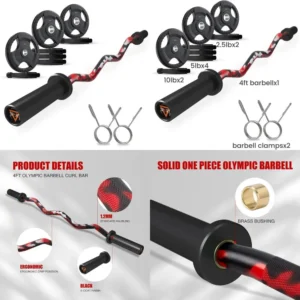 Strength Training 47 Inch Curling Bar with Knurled Grip, Chrome Finish, Copper Sleeve Barbell for 2-inch Olympic Weights