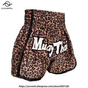 Leopard Muay Thai Shorts Brown Fight Kickboxing Pants Men Women Kids Thai Boxing Training Shorts Satin Martial Arts MMA Clothing